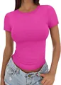 Close-up detail of a slim fit hot pink crew neck short sleeve T-shirt for women - Rose Red