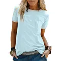 Detailansicht hellblaues Damen T-Shirt mit weißem Kontrastbesatz an Kragen und Ärmeln - Hellblau