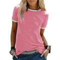 Λεπτομέρεια ροζ γυναικείου t-shirt με λευκό χρωματικό περίγραμμα και μαλακό ύφασμα. - S / Τριανταφυλλί