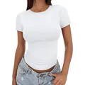 Camiseta de verano para mujer blanca ajustada de manga corta con cuello redondo casual - S / Blanco