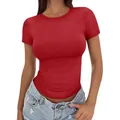 Camiseta ajustada roja para mujer con cuello redondo y manga corta estilo verano. - S / Rojo