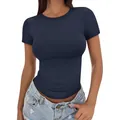 T-shirt da donna blu navy a maniche corte vestibilità slim con collo alto a girocollo - Blu navy
