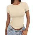 T-shirt beige aderente a girocollo con maniche corte, top estivo casual da donna - Albicocca