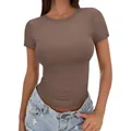 T-shirt marrone a maniche corte slim fit con girocollo alto per l'estate casual. - Marrone