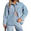 Vue détaillée de la veste en jean délavée avec poches de poitrine et boutons-pression. - S / Bleu clair