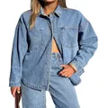 Veste chemise en denim délavé bleu clair pour femme avec poches avant fonctionnelles - S / Bleu Ciel