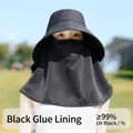 Chapeau de soleil noir à couverture totale avec masque facial et large bord pour femmes - Ajustable (54-60cm) / Noir Vinyle
