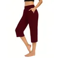 Detailed side view of women's burgundy loose elastic sports casual capri pants with pockets - Burgundy