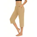 Women's solid casual cropped pants with pockets, loose fit elastic waist joggers. - Khaki
