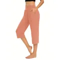 Coral peach high-waisted women's capri yoga pants with functional side pockets - Orange Red