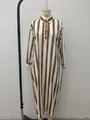 Full view of brown and white vertical striped long sleeve shirt dress on mannequin - S / Top And Bottom / Dark Brown