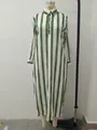 Full view of a green and white vertical striped maxi shirt dress on a mannequin. - S / Tops / Green