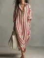 Loose V-neck red and white vertical striped maxi shirt dress for chic summer style - S / Red
