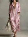 Böhmisches lockeres gestreiftes langes Hemdkleid für Damen mit V-Ausschnitt in Pink - S / Rosa