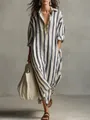 Women's oversized V-neck vertical striped maxi shirt dress for casual summer wear. - S / Black