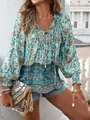 Λεπτομερής προβολή γυναικείας boho μπλούζας με φλοράλ σχέδιο και λαιμόκοψη V - S / Πολύχρωμο 2
