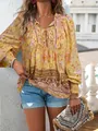Bohemian floral V-neck lace-up blouse with lantern sleeves for summer holiday - S / Yellow