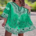 Bohemian green V-neck ethnic print loose tunic cover-up top for women spring fashion - S / Green