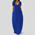Women's plus size solid blue maxi dress featuring deep V-neck short sleeves and pockets - Blue