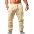 Men's loose breathable beige cotton linen casual pants for summer seaside vacation. - 3XL / Light Khaki
