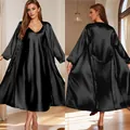 Elegant women's black satin nightgown and matching long robe two-piece pajama set - Black