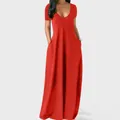 Vue détaillée de face d'une robe longue rouge à col en V profond avec manches et poches - S / Bas / Rouge