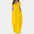 Longue robe jaune avec col en V profond, manches courtes et poches pratiques - S / Bas / Jaune