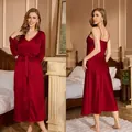 Elegant wine red satin nightgown and robe set for women, luxury loose loungewear. - Burgundy