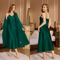 Elegant emerald green satin nightgown and matching robe set for cozy loungewear - Dark Green