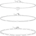 Set di 3 cavigliere impermeabili in argento con ciondolo a cuore e catena cubana - Set da 3 Pezzi - Stile Ciondolo a Cuore / Argento