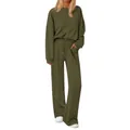 Conjunto de punto de 2 piezas con sudadera verde oliva y pantalones de pierna ancha - S / Top Y Pantalón / Verde Militar