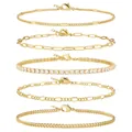 Set di 5 cavigliere impermeabili placcate in oro con catene cubane, tennis e a graffetta - Set da 5 Pezzi - Stile Catena Mista / Oro