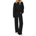 Elegante conjunto de 2 piezas de punto negro con sudadera y pantalones anchos para mujer - S / Top Y Pantalón / Negro