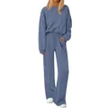Conjunto casual de dos piezas para mujer con sudadera azul y pantalón de pierna ancha - S / Top Y Pantalón / Azul Niebla