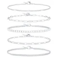 Set di 5 cavigliere color argento con catena cubana, Figaro e tennis per compleanno. - Set da 5 Pezzi - Stile Catena Mista / Argento