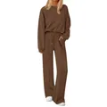 Conjunto de dos piezas de punto para mujer con sudadera y pantalón ancho marrón - S / Top Y Pantalón / Marrón