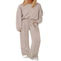 Casual two-piece knit lounge set for women featuring sweatshirt and wide-leg pants - S / Top And Bottom / Grey-Beige