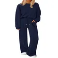 Navy blue two-piece knit sweatshirt and wide-leg pants loungewear set for women - S / Top And Bottom / Navy Blue