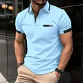 Men's slim fit light blue polo shirt with lapel and decorative fake pocket detail. - Light Blue