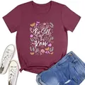 Women's burgundy floral T-shirt featuring Be Still & Know printed quote and butterflies. - S / Burgundy