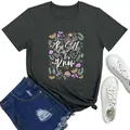 Women's charcoal gray t-shirt with floral Be Still & Know print design - L / Black