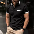 Detail of men's slim fit black polo shirt with white collar accents and faux pocket print. - Black