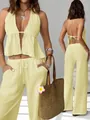 Conjunto de verano amarillo de dos piezas con top halter y pantalón ancho texturizado - S / Amarillo claro