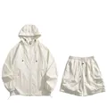 Two-piece lightweight sun protection clothing set with hooded jacket and cargo shorts - S / Off White Set