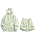 Lightweight light green hooded sun protection jacket and matching cargo shorts outdoor set. - Snow Celery Yellow Set / S