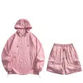 Pink lightweight breathable sun protection hooded jacket and cargo shorts outdoor set - Cherry Blossom Pink Set / S