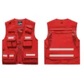 Red safety work vest with multiple pockets and silver reflective strips - S / Tops / Red