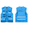 Blue multi-pocket safety work vest with reflective strips, front and back views - S / Top (7898) / Teal