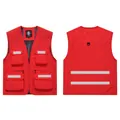 Red safety work vest with reflective strips and multiple functional utility pockets - S / Tops / Red