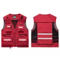 Red multi-pocket utility work vest with silver reflective strips, front and back view - S / Tops / Red (8512 Version)